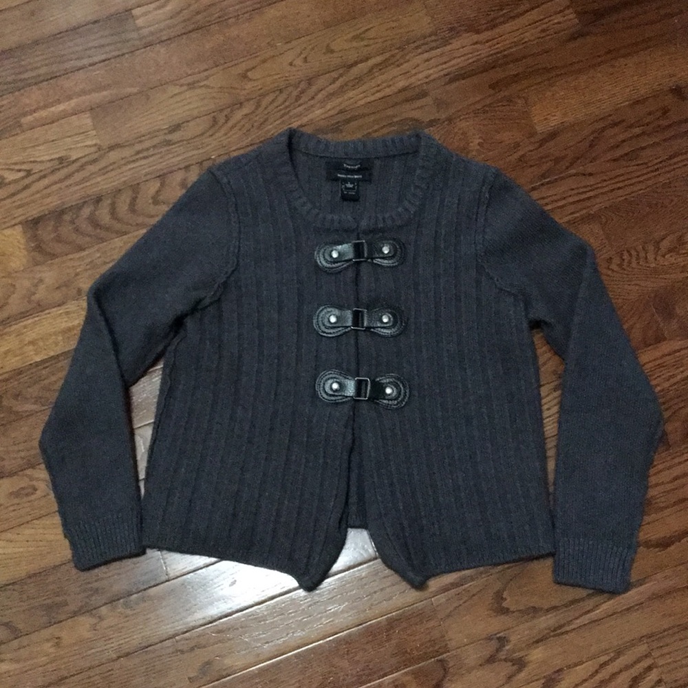 Tahari Gray Cardigan with Leather Snap Toggles